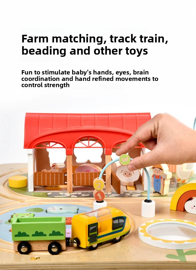 Montessori Wooden Busy Table – Activity Play Table with Fishing, Xylophone & Train Track
