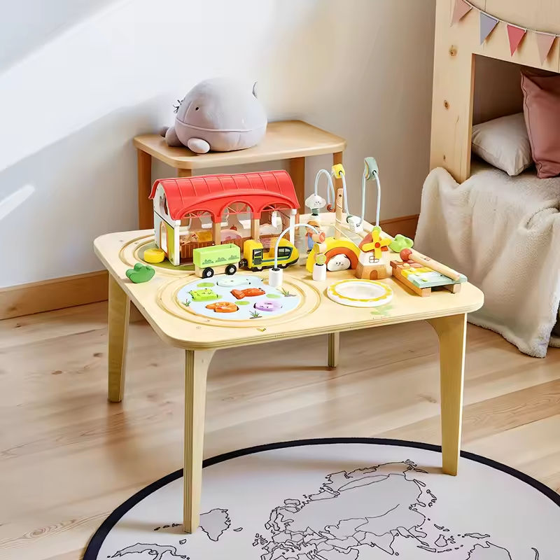 Montessori Wooden Busy Table – Activity Play Table with Fishing, Xylophone & Train Track