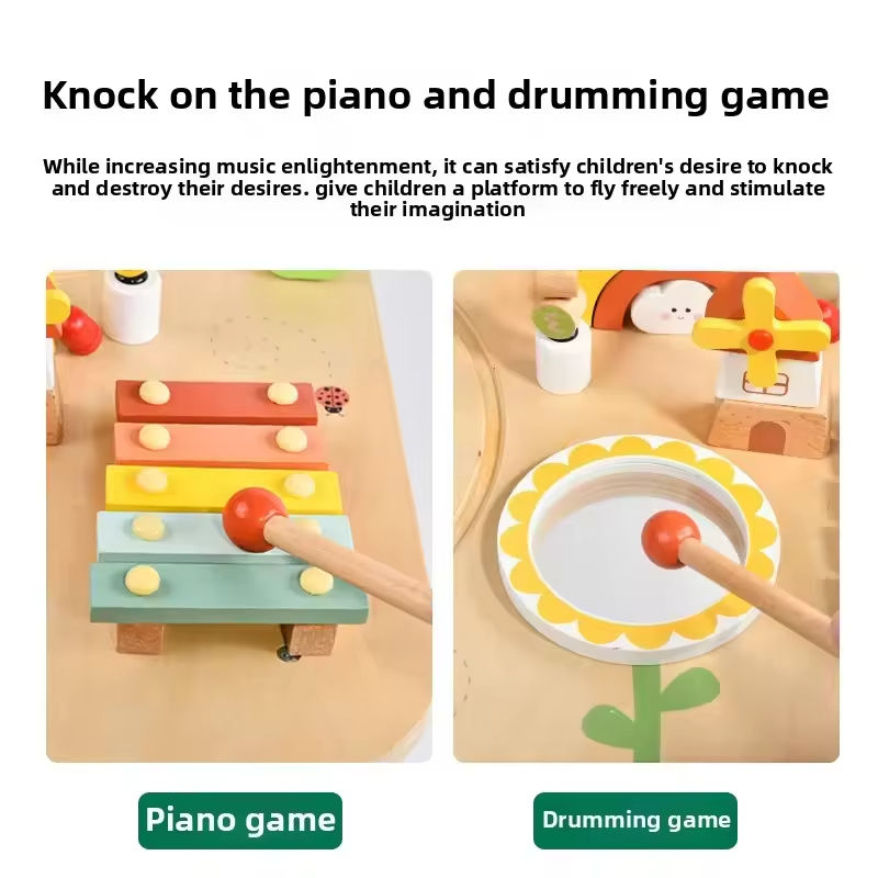 Montessori Wooden Busy Table – Activity Play Table with Fishing, Xylophone & Train Track