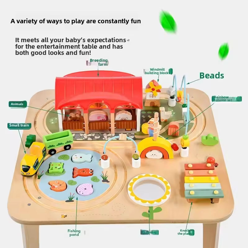 Montessori Wooden Busy Table – Activity Play Table with Fishing, Xylophone & Train Track