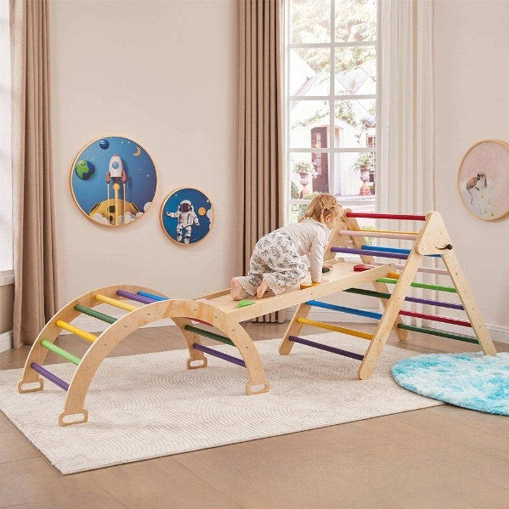 Colorful Montessori Climbing Triangle & Arch Set with Slide – Foldable Wooden Indoor Play Equipment