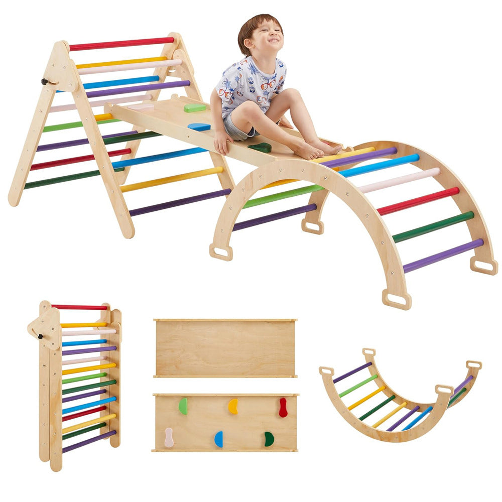 Colorful Montessori Climbing Triangle & Arch Set with Slide – Foldable Wooden Indoor Play Equipment
