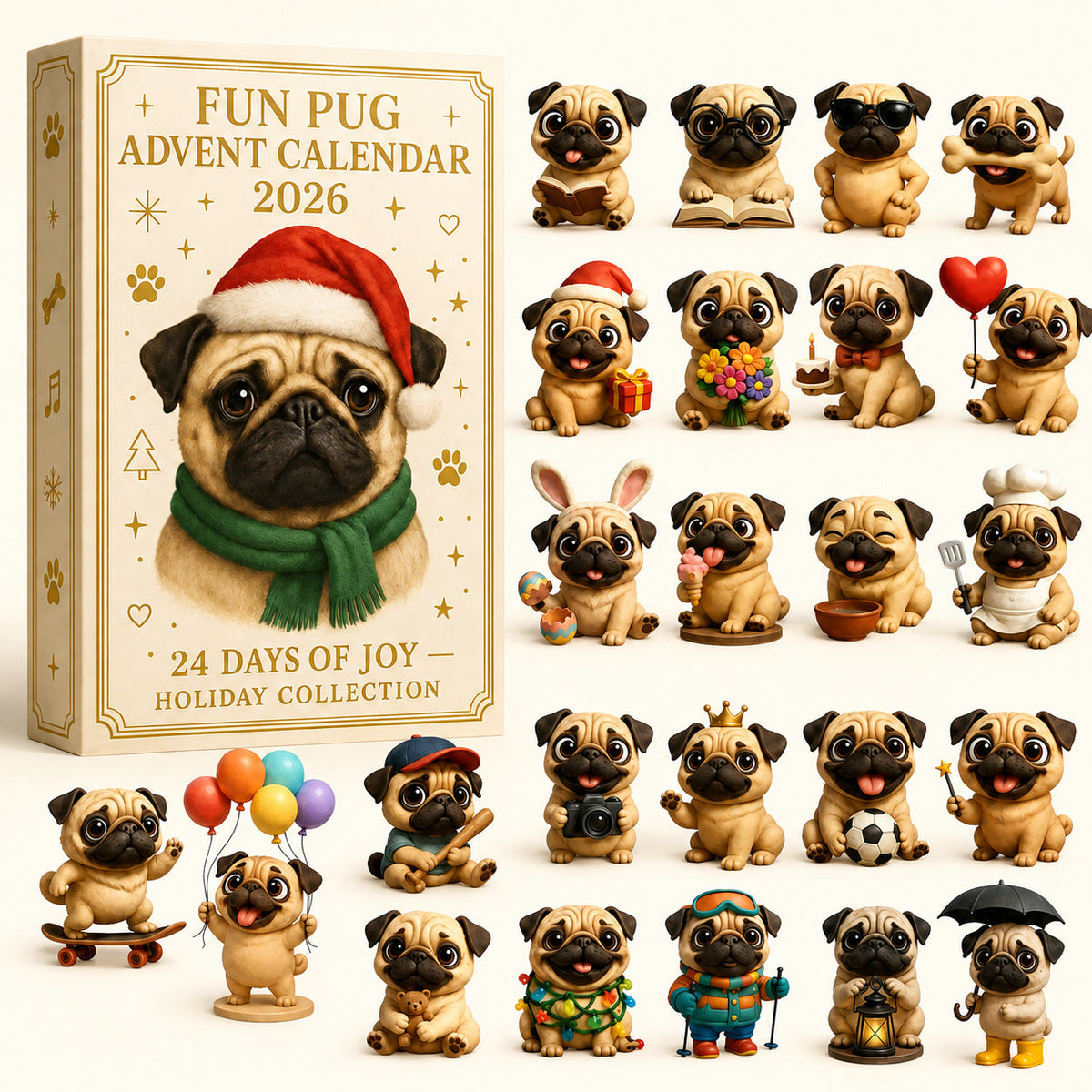 Pug Advent Calendar 2026 - 24 Pug Figurines