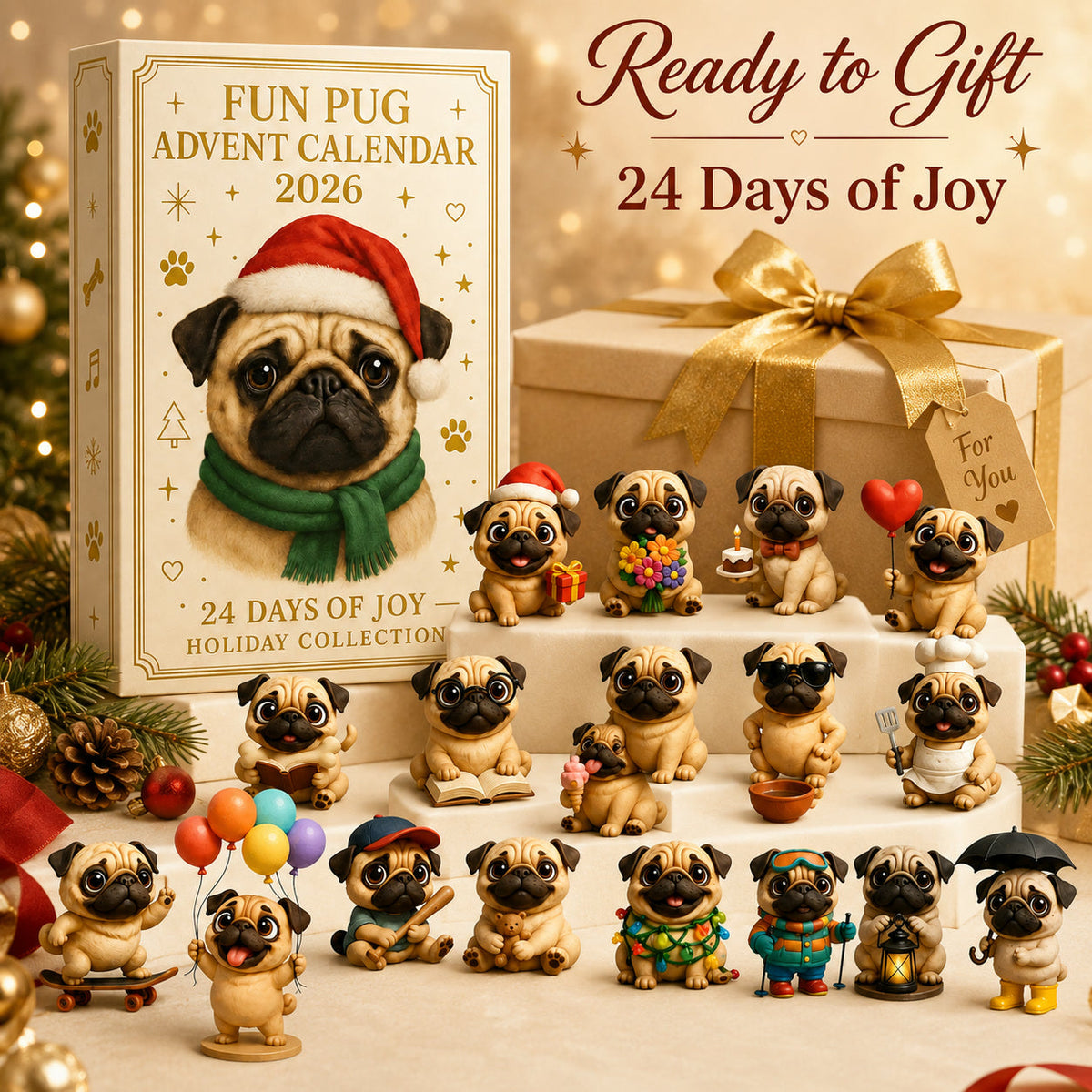 Pug Advent Calendar 2026 - 24 Pug Figurines