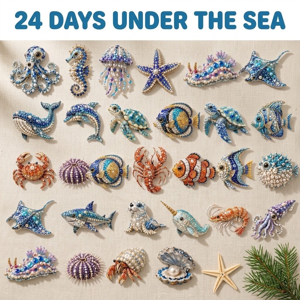 Ocean Pearl Sea Creature Advent Calendar 2026 - 24 Ornaments with Gemstones
