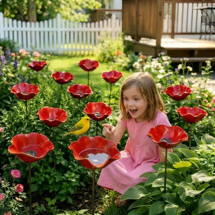 Garden Flower Bird Waterer Handmade Metal Flower Garden Stake