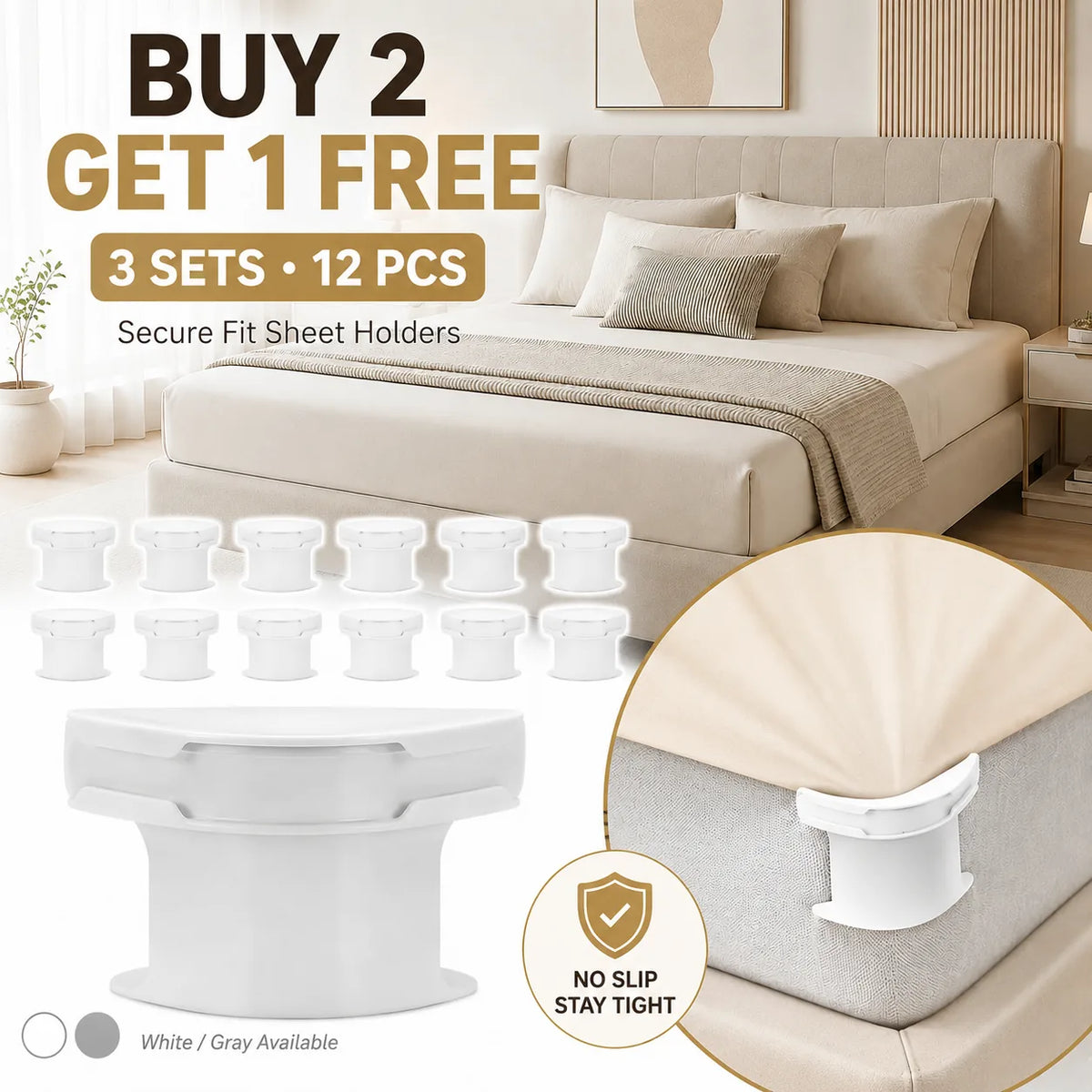 Secure Fit Sheet Holders – Wrinkle-Free. Slip-Free Bed