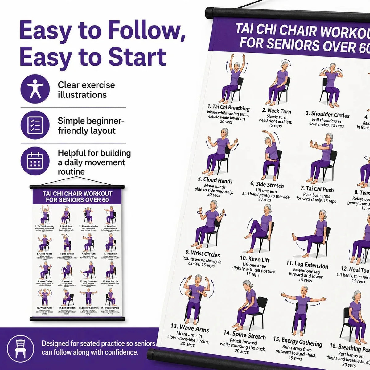 Seated Tai Chi Exercise Wall Chart for Seniors
