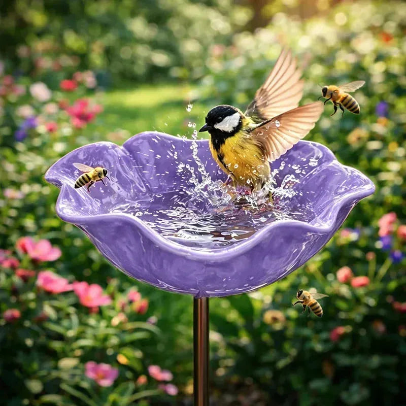 Garden Flower Bird Waterer Handmade Metal Flower Garden Stake