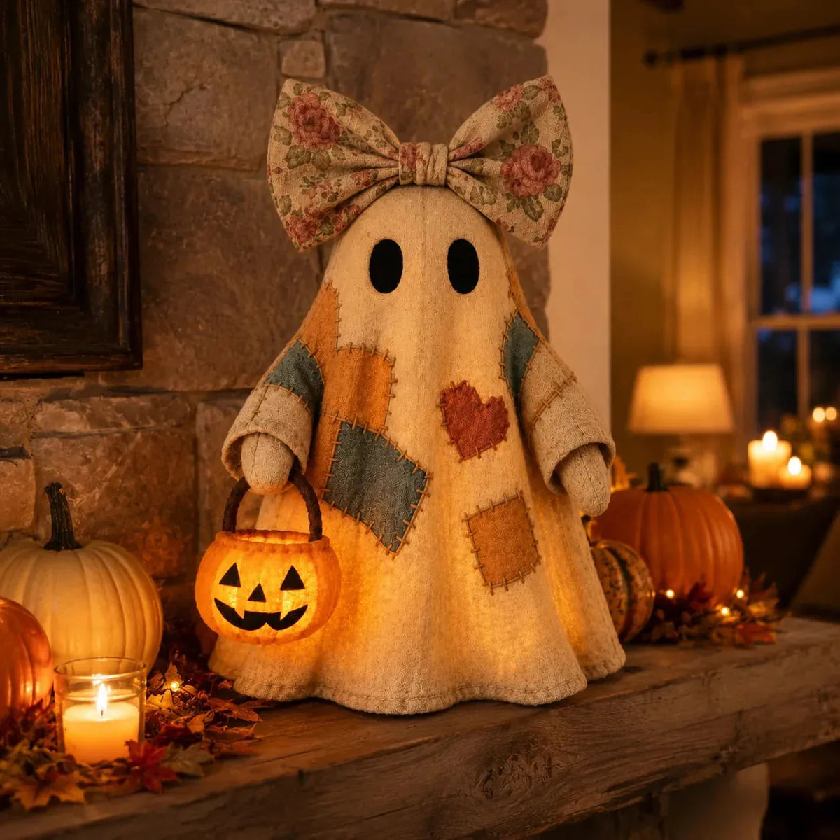Vintage Patchwork Ghost Decor(✨ LED Pumpkin Lantern}