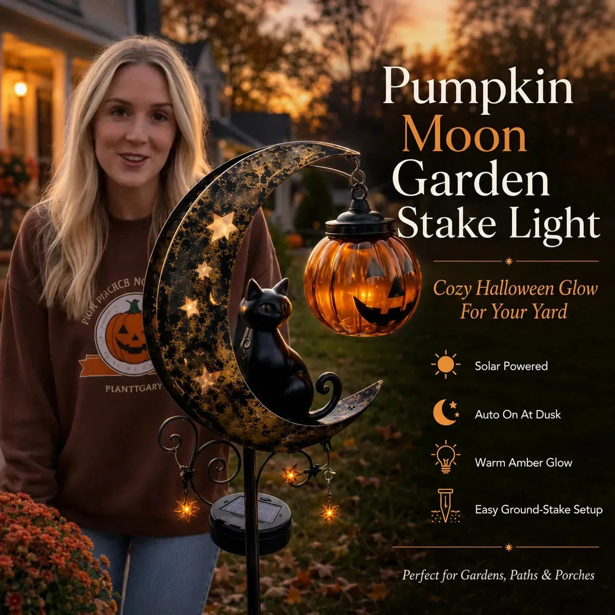 Solar Halloween Garden Stake Light with Black Cat & Pumpkin