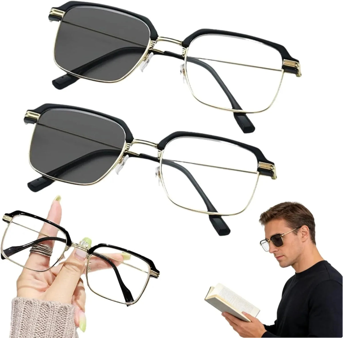 Black & Gold Semi-Rimless Crystal Clear Focus Reading Glasses