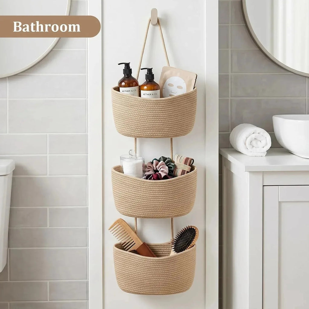 3-Tier Woven Cotton Wall-Mounted Storage Organizer Bag