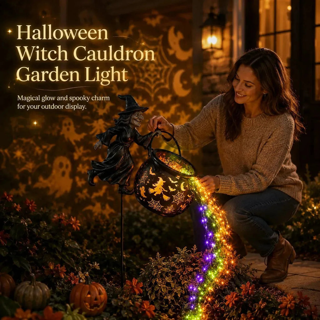 Lighted Flying Witch Cauldron Garden Stake