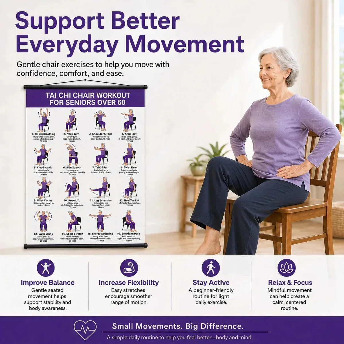 Seated Tai Chi Exercise Wall Chart for Seniors