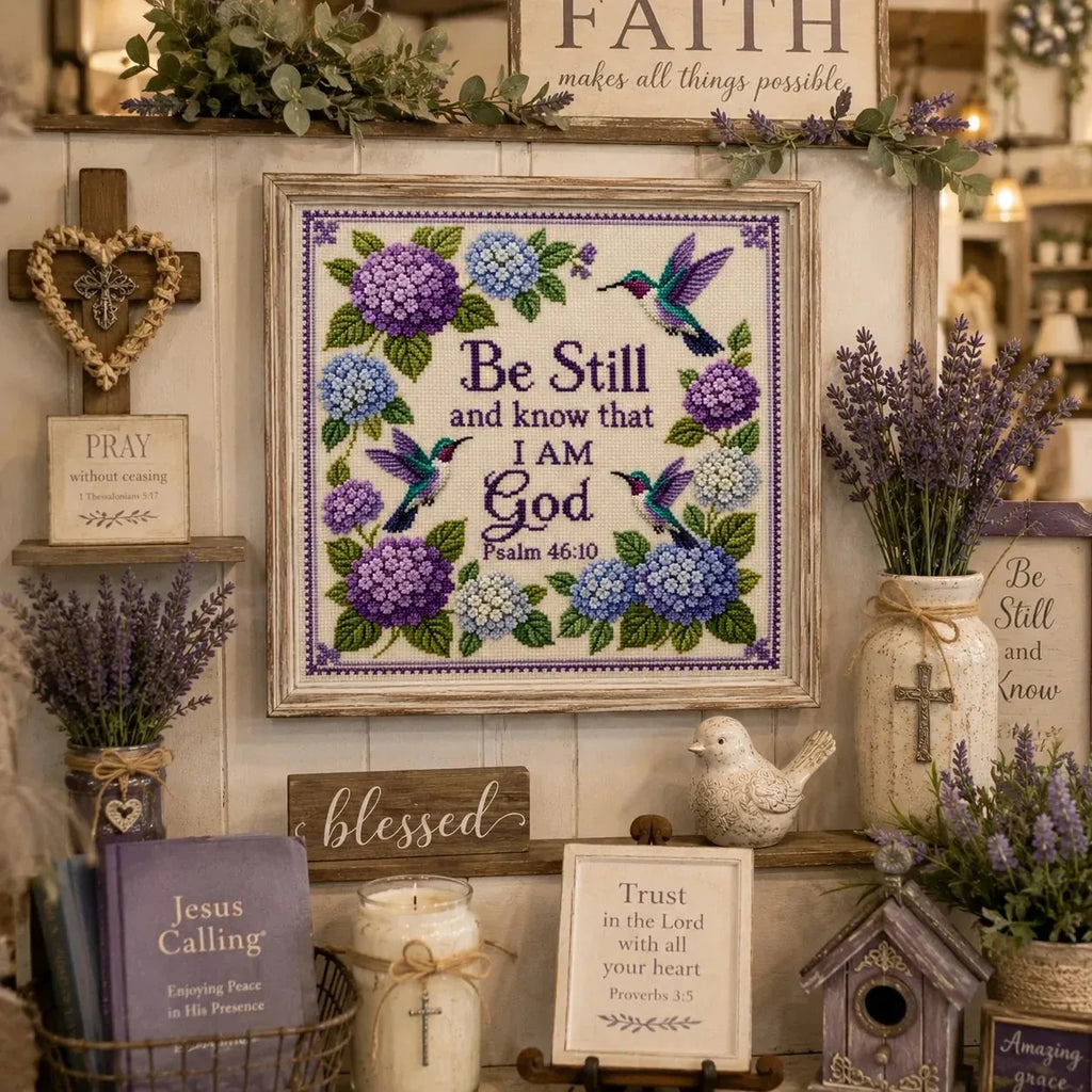 ✝️ Hummingbird Garden Faith Cross Stitch DIY Kit 🌸