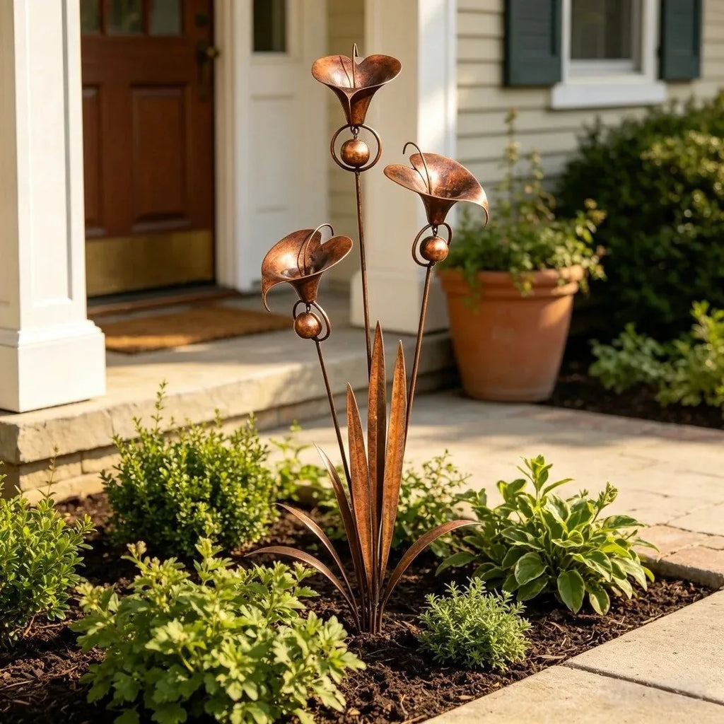 Flamed Copper Three Calla Lilies Garden Stake with Bells
