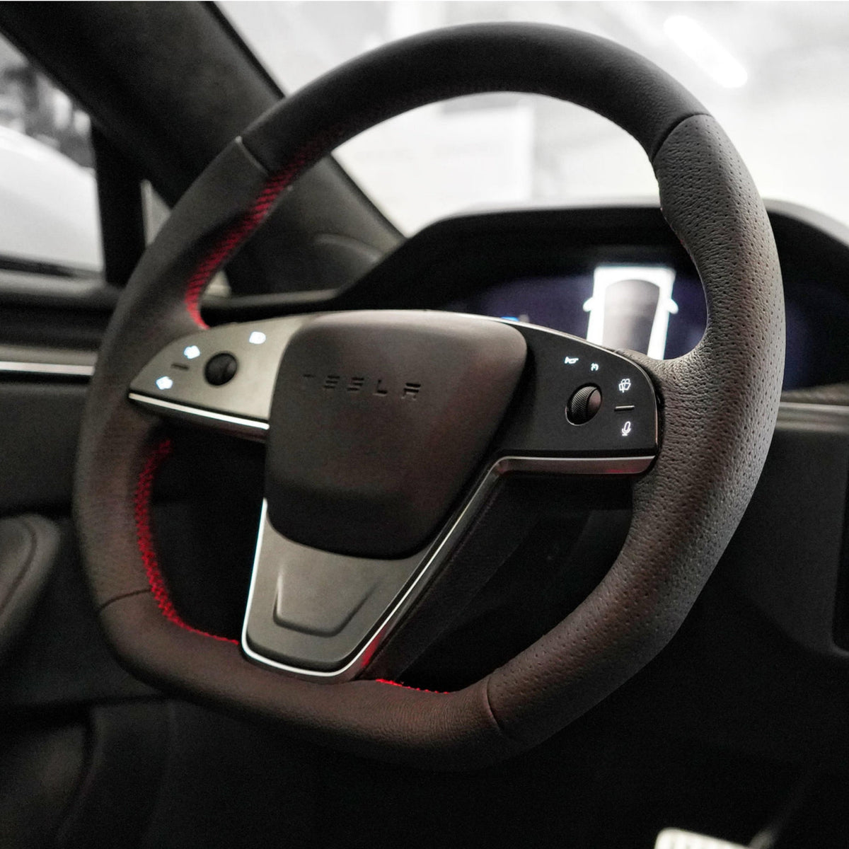 Sikunuo Touch Horn Plaid Round Steering Wheel Replacement for Tesla Model S / X 2021-2023