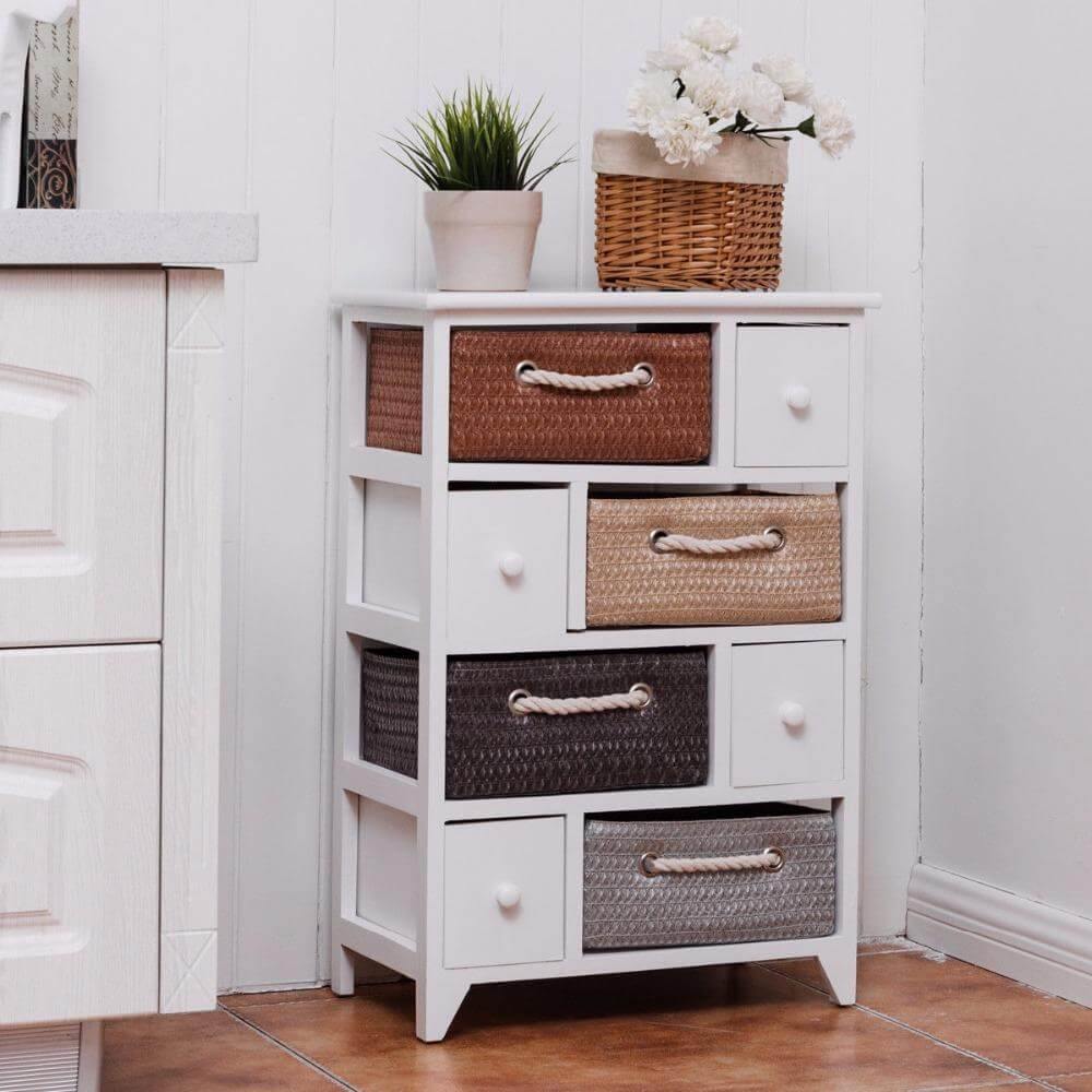 Sikunuo | Wooden 4 Drawer 4 Woven Basket Storage Cabinet