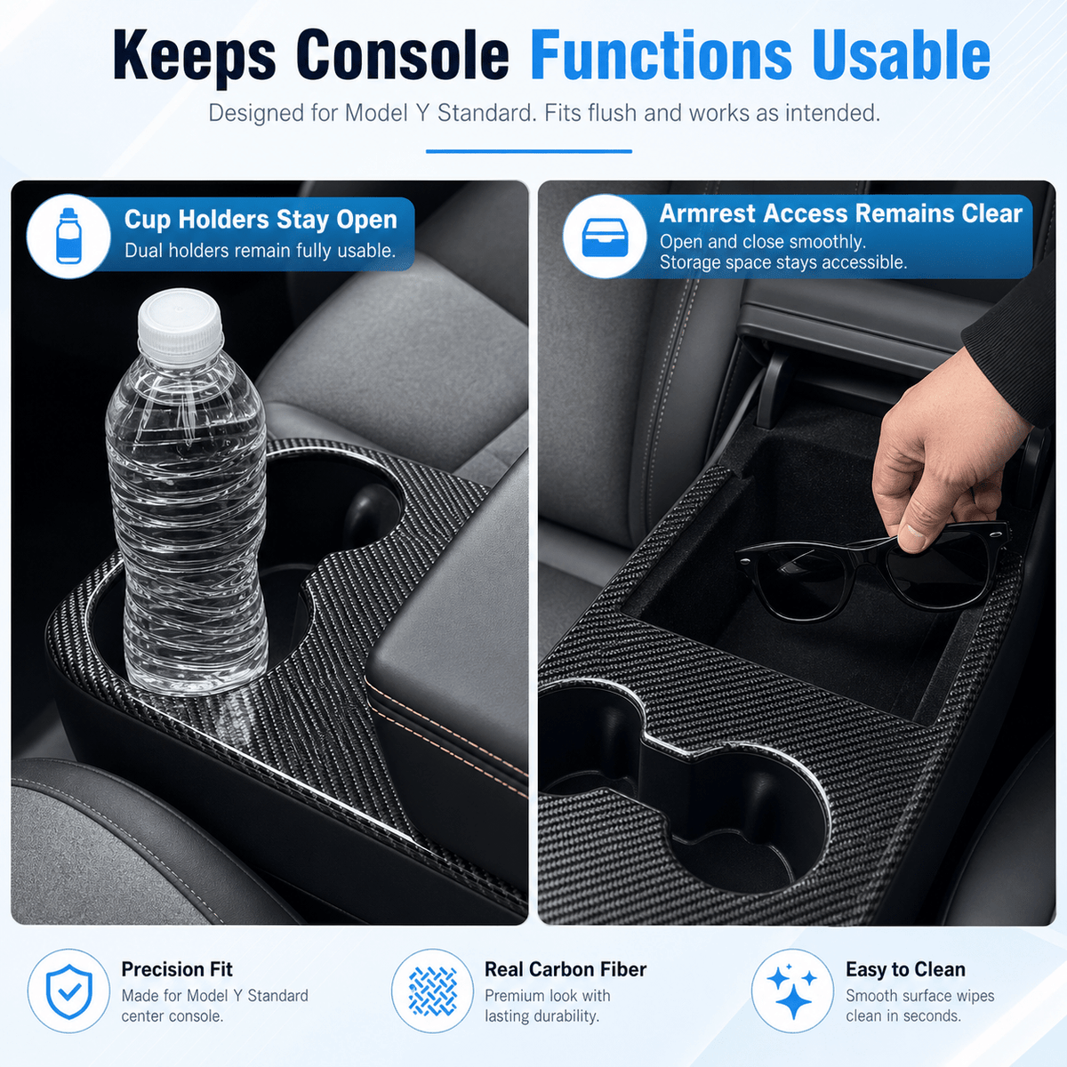 Real Carbon Fiber Center Console Cup Holder Cover Trim for Model Y Standard 2026+