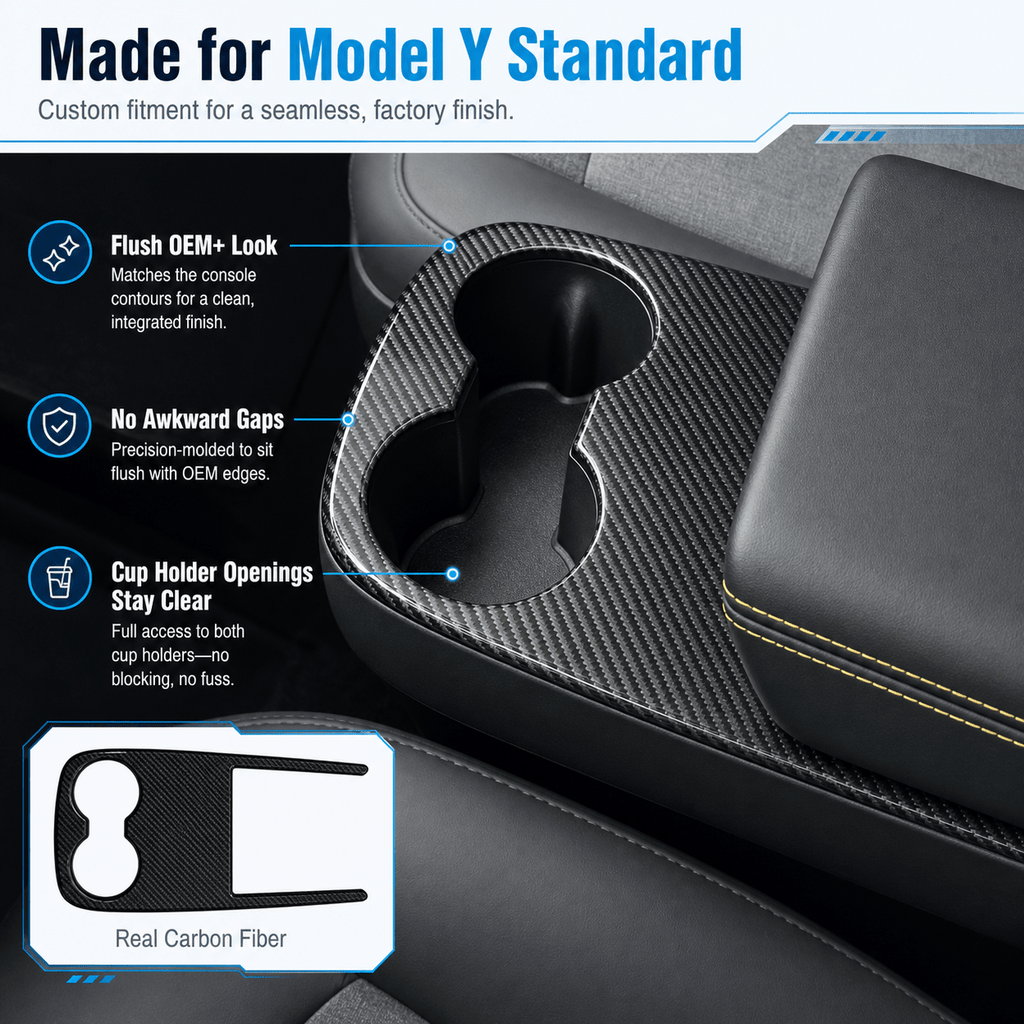 Real Carbon Fiber Center Console Cup Holder Cover Trim for Model Y Standard 2026+