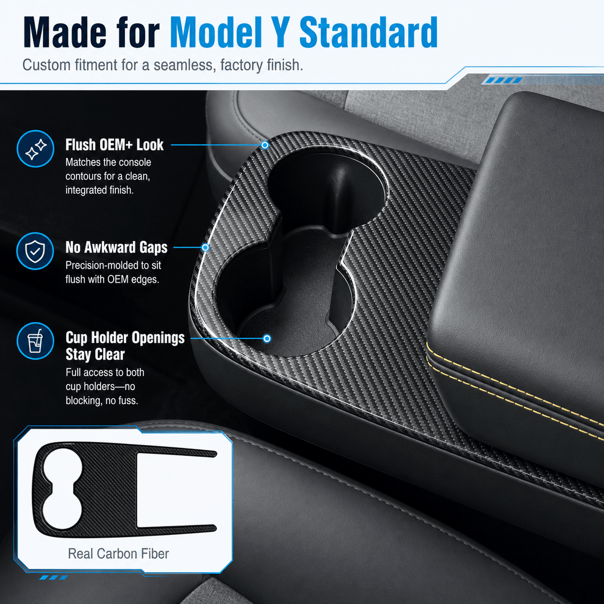 Real Carbon Fiber Center Console Cup Holder Cover Trim for Model Y Standard 2026+