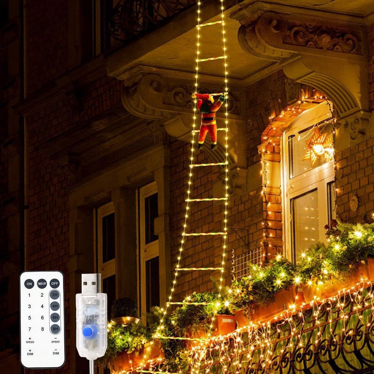 Modern Art Deco Waterproof USB Leather Cord Santa Climbing Ladder Christmas Decoration LED String Lights Outdoor Light For Outdoor Patio