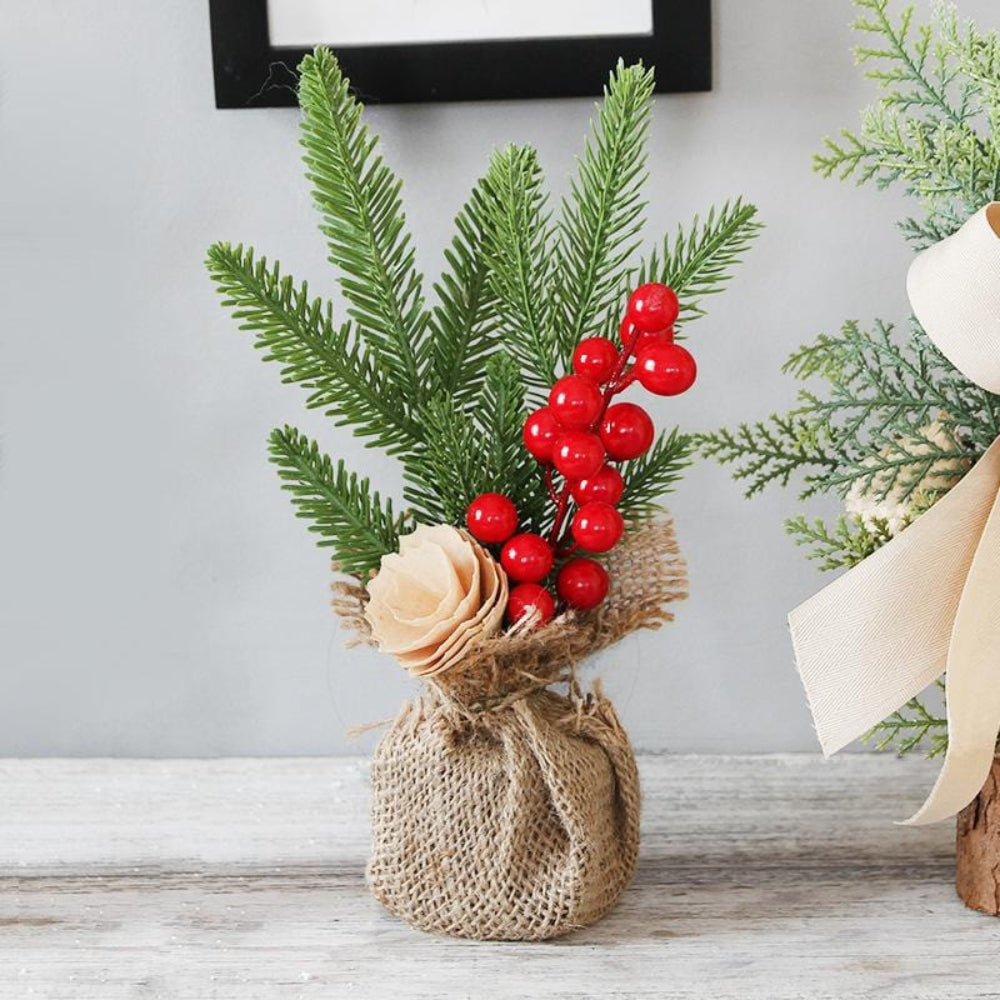 Mini Tabletop Christmas Tree with Rustic Base for Warm Holiday Decoration