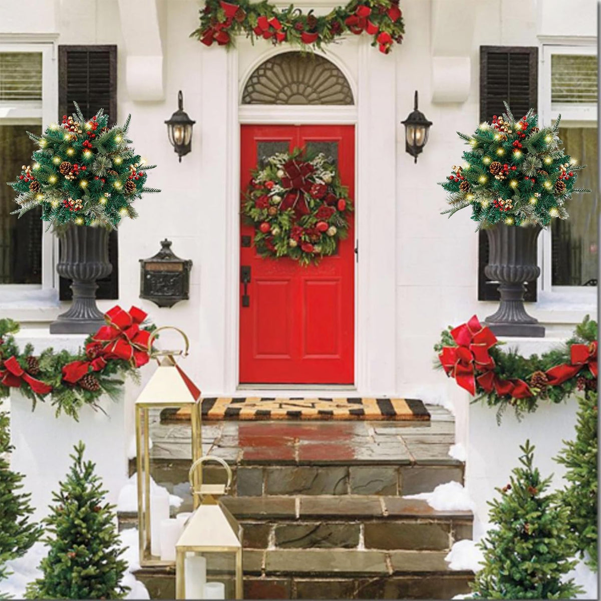 Christmas urn decoration with LED lights | Realistic pine branches & berries | Indoor and outdoor