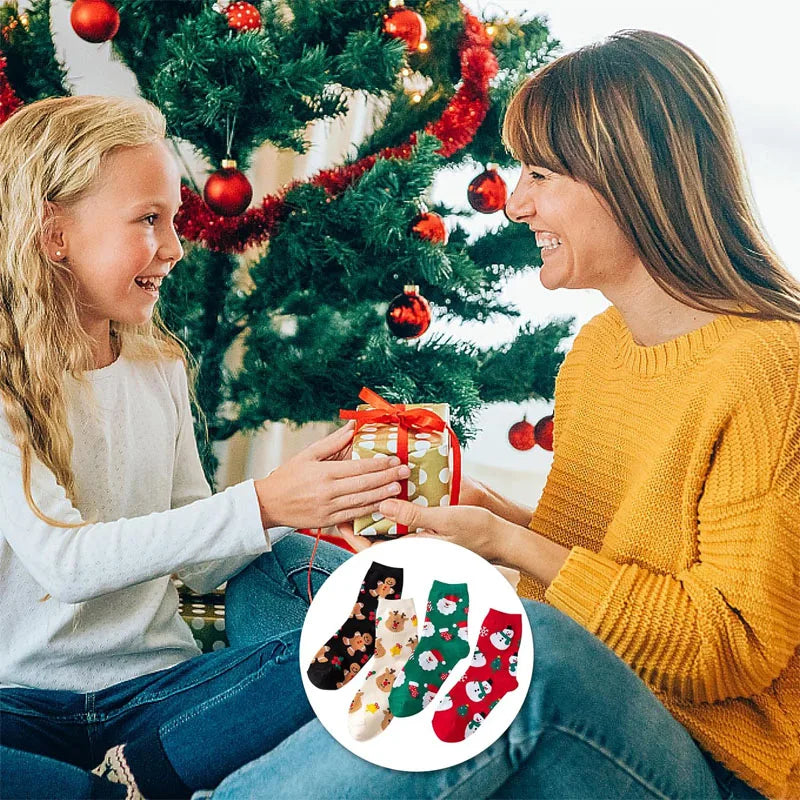 Kerstsokken voor Kinderen – Zachte Katoenen Sokken met Elanden & Sneeuwvlokken (4 Paar)