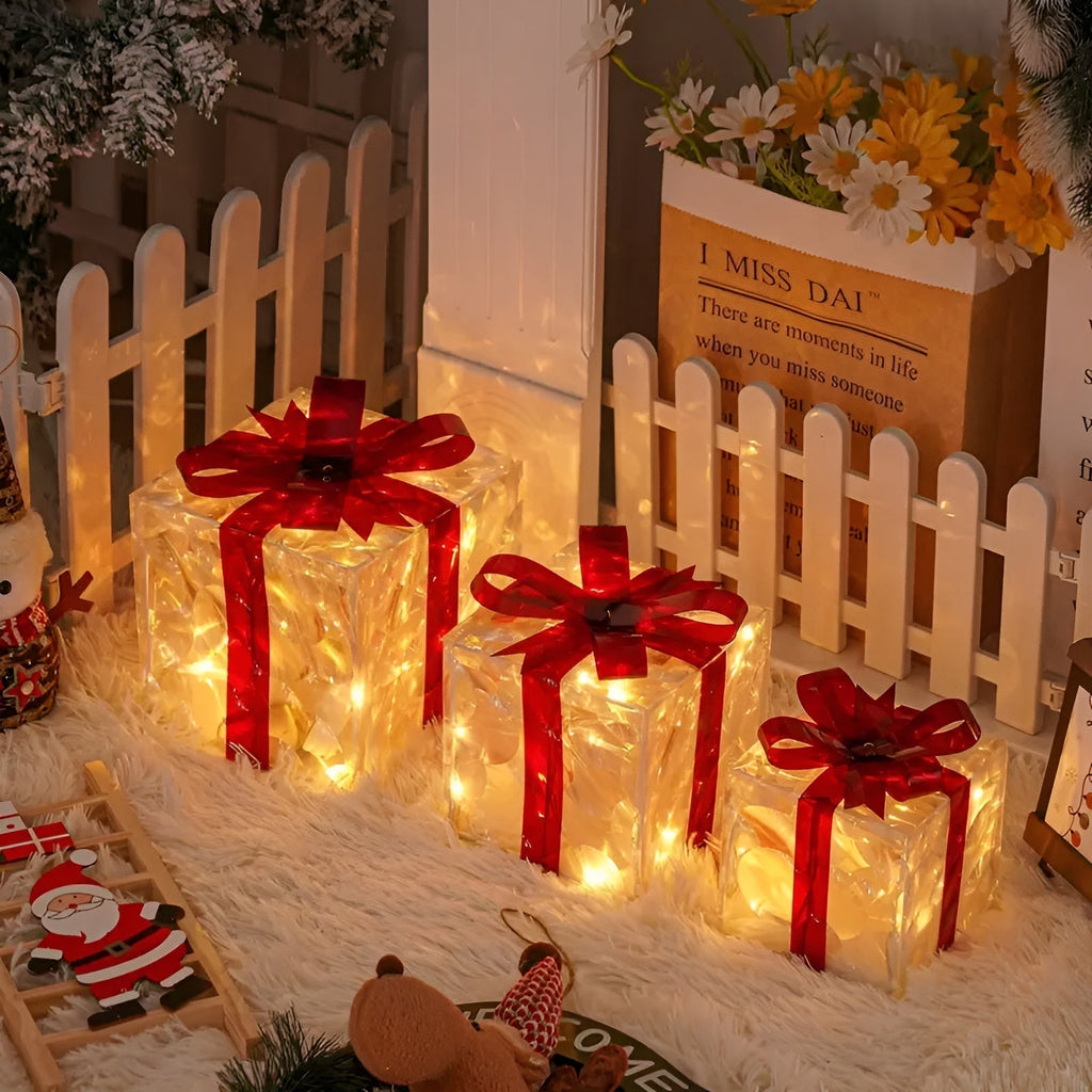 Bright gift boxes in a set of 3 – Transparent Christmas decoration with red ribbons | For indoors & outdoors