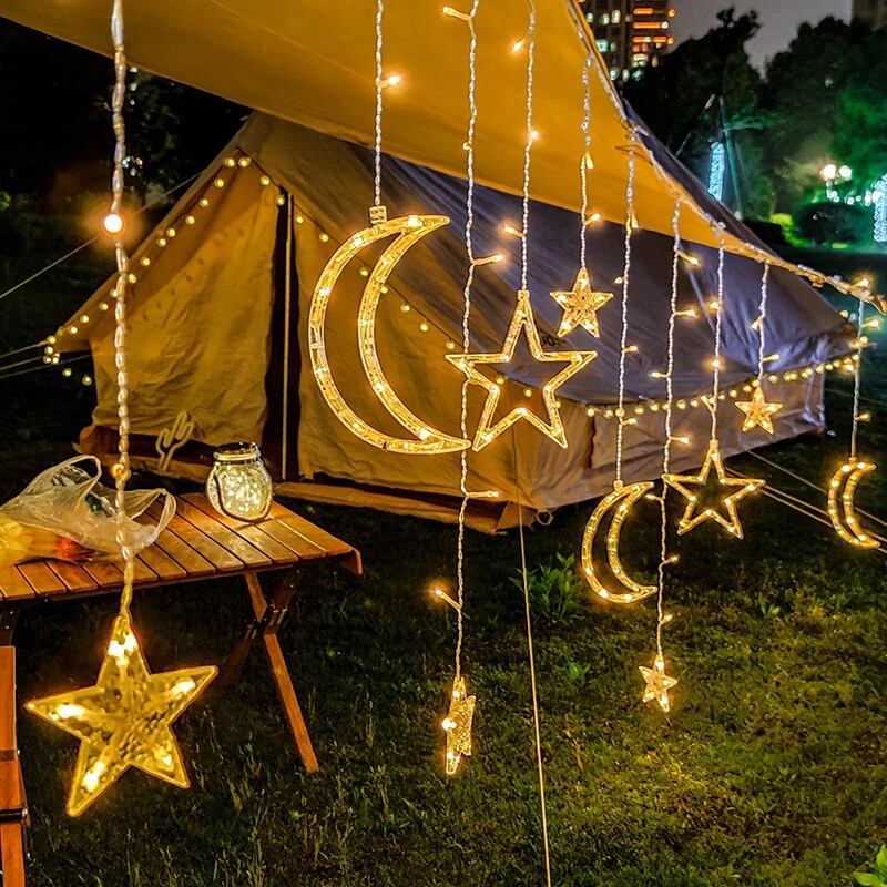 LED Solar Star Moon Curtain Light Christmas Outdoor Patio Decorative Camping String Lights