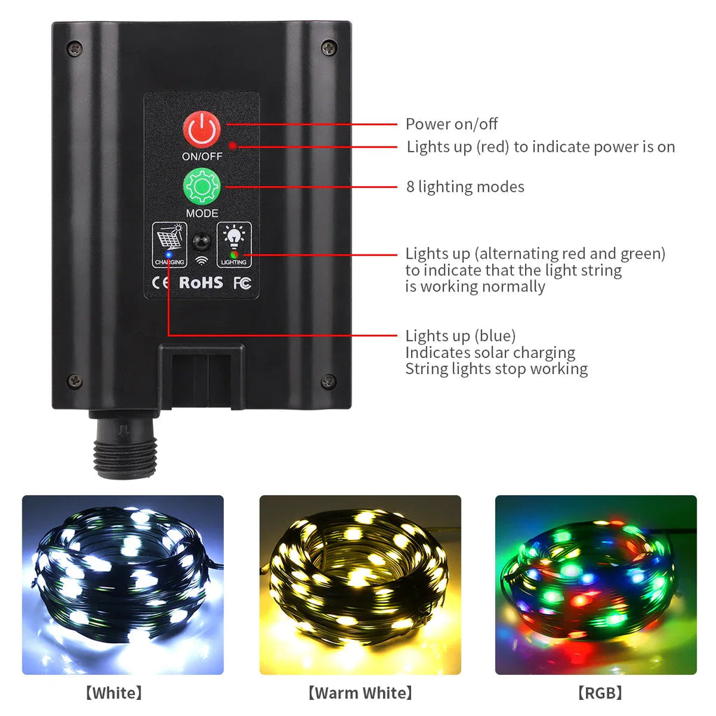 Solar String Lights 100M LumiSol ProLine | 8 Modes | IP65 Waterproof | Extra Bright LEDs | Remote Control & Fast Charging | For Garden, Wedding & Christmas