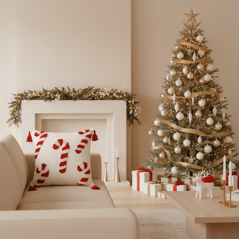Festive Christmas pillow cover with candy cane motif and soft polyester fabric