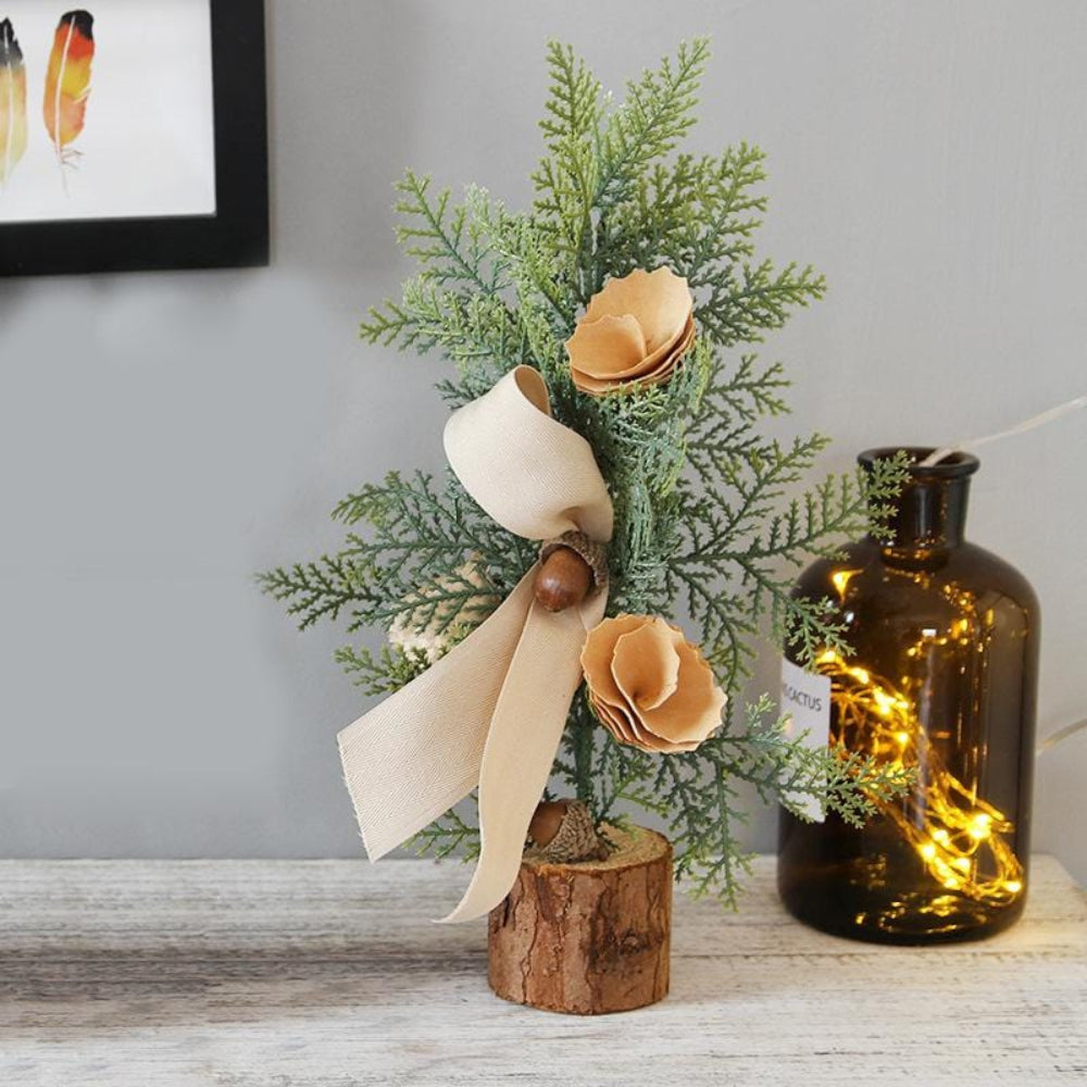 Mini Tabletop Christmas Tree with Rustic Base for Warm Holiday Decoration