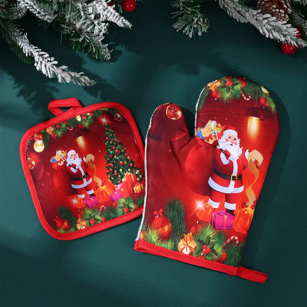 HollyHeat Oven Gloves 2-Piece Set | Christmas Baking Gloves with Festive Design | Heat Resistant Kitchen Gloves for Christmas & New Year