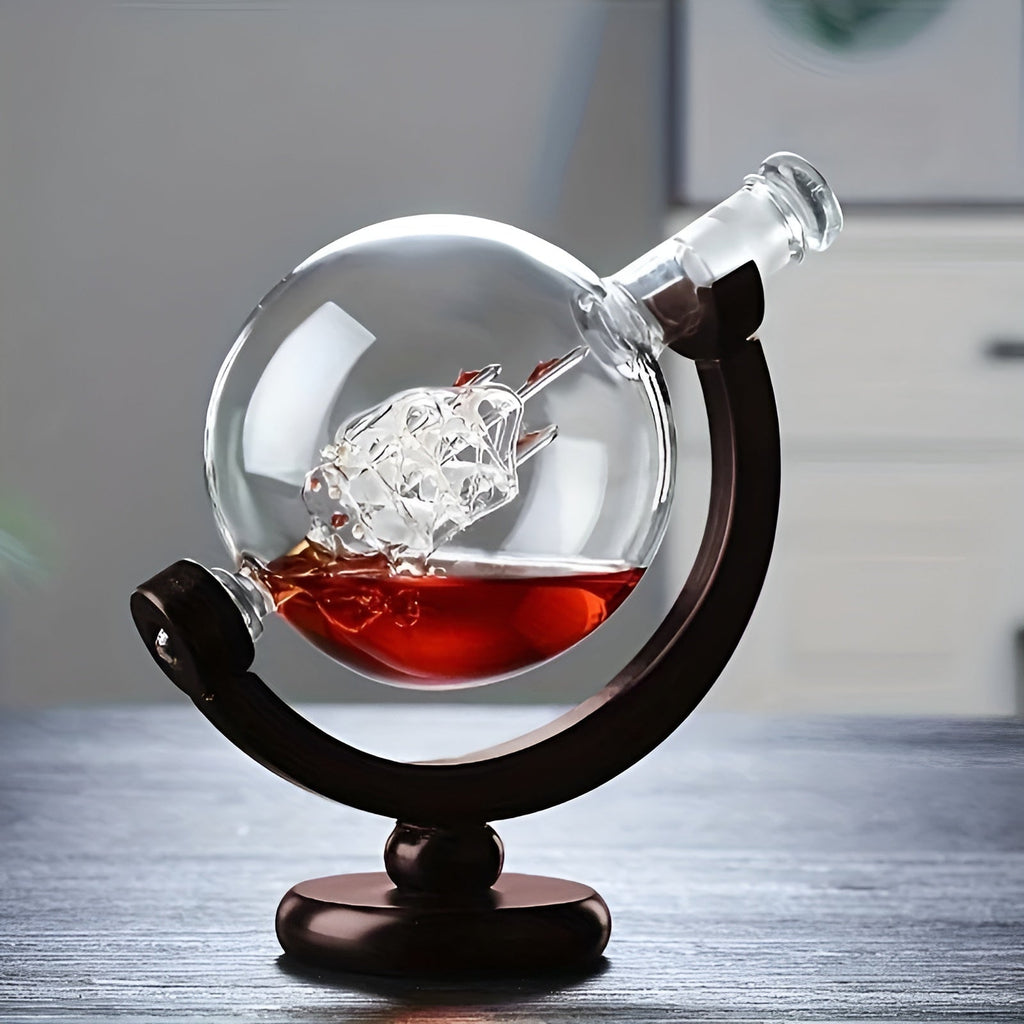 Whisky Decanter Set in Globe Shape – Lead-Free Carafe with Wooden Stand | Includes 2 Whisky Glasses