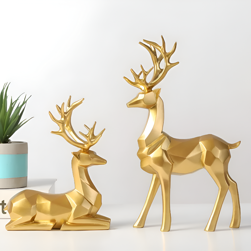 Geometric Reindeer Figurine Set – Modern 2-piece Resin Decoration