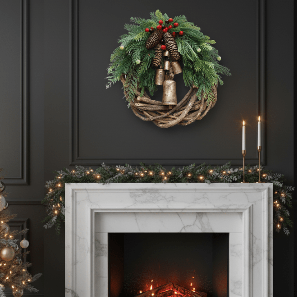 Cozy Christmas wreath with natural bells and wooden accents