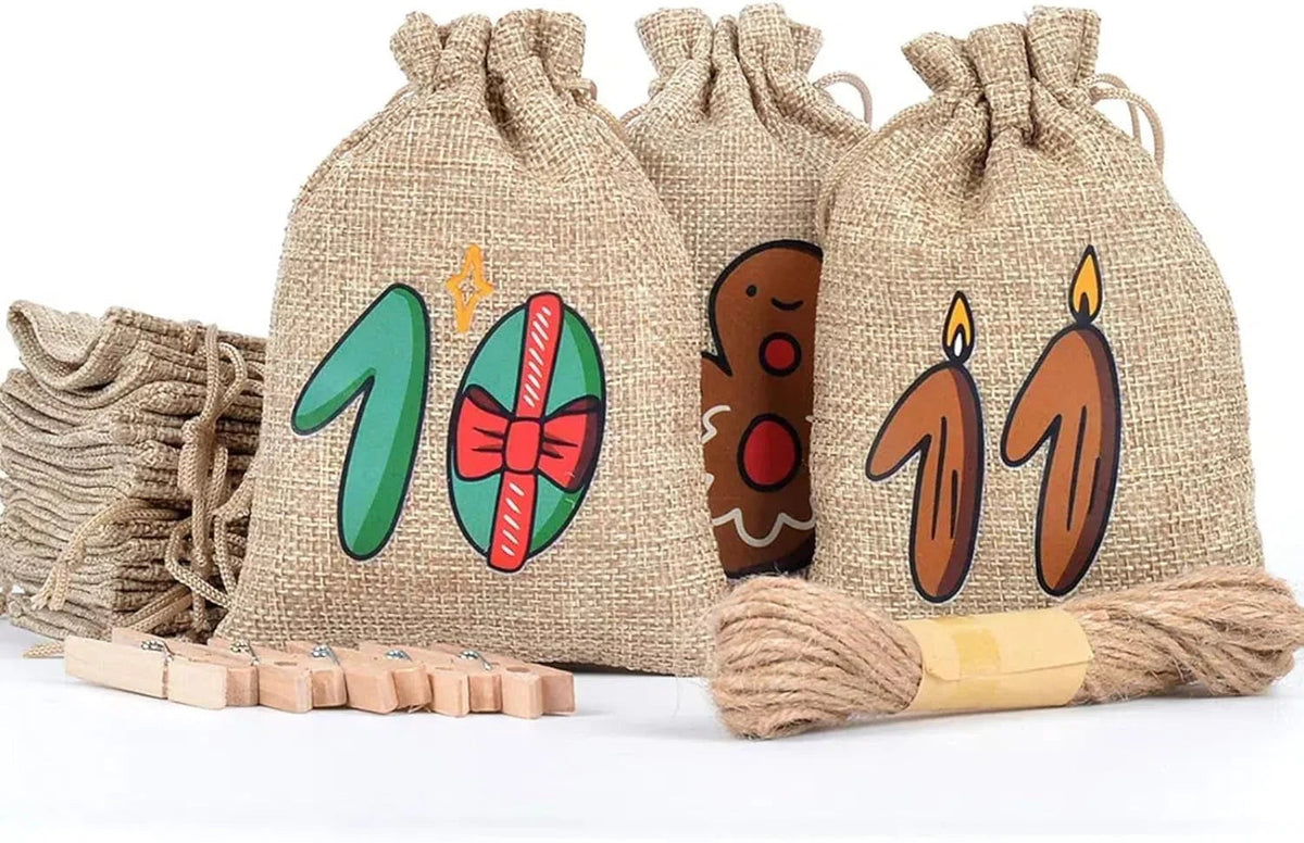 DIY Jute Advent Calendar with 24 Empty Pockets for Christmas - Hanging Countdown Calendar