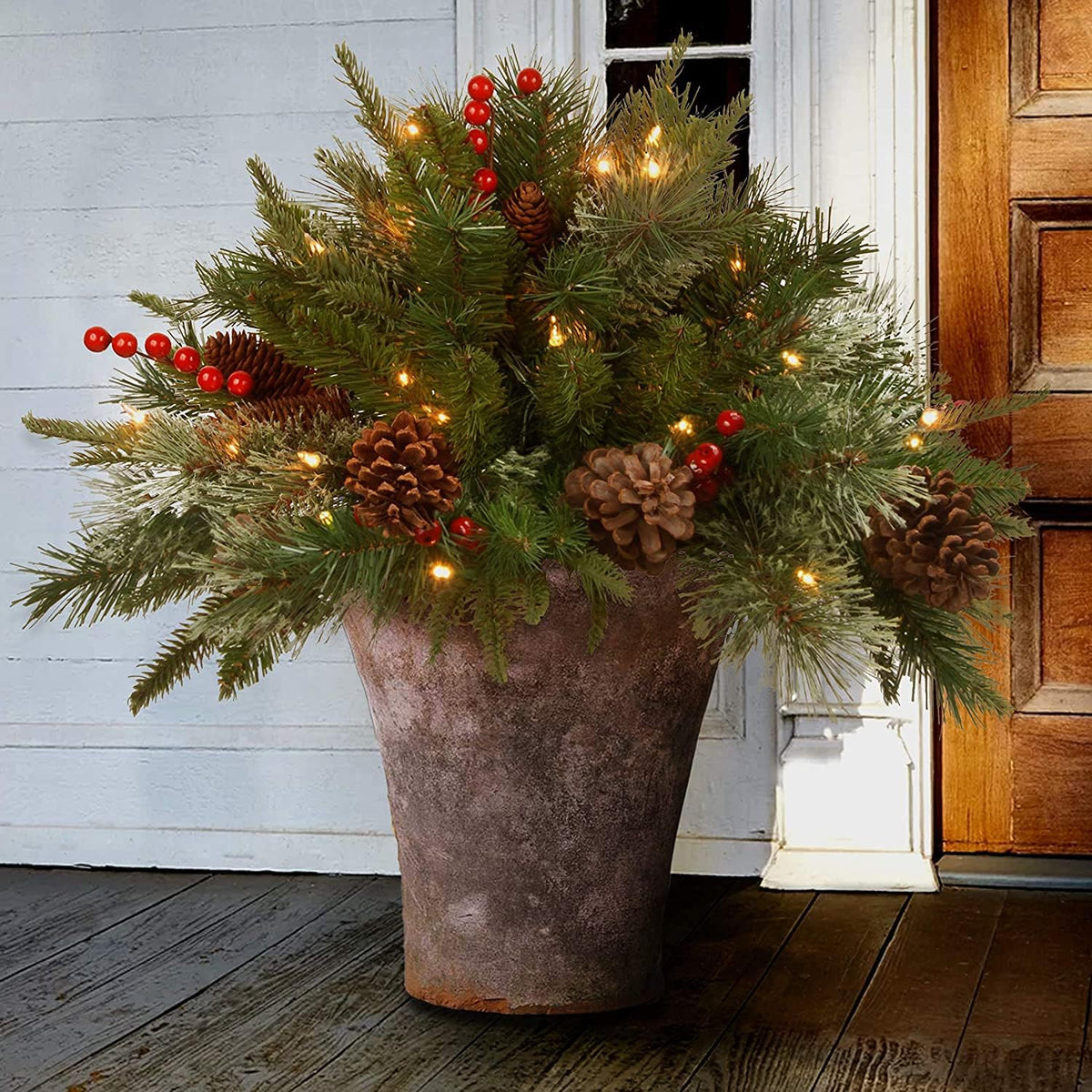 Christmas Urn Filler with LED Lights | 18" Realistic Pine Arrangement | Indoor/Outdoor Decor