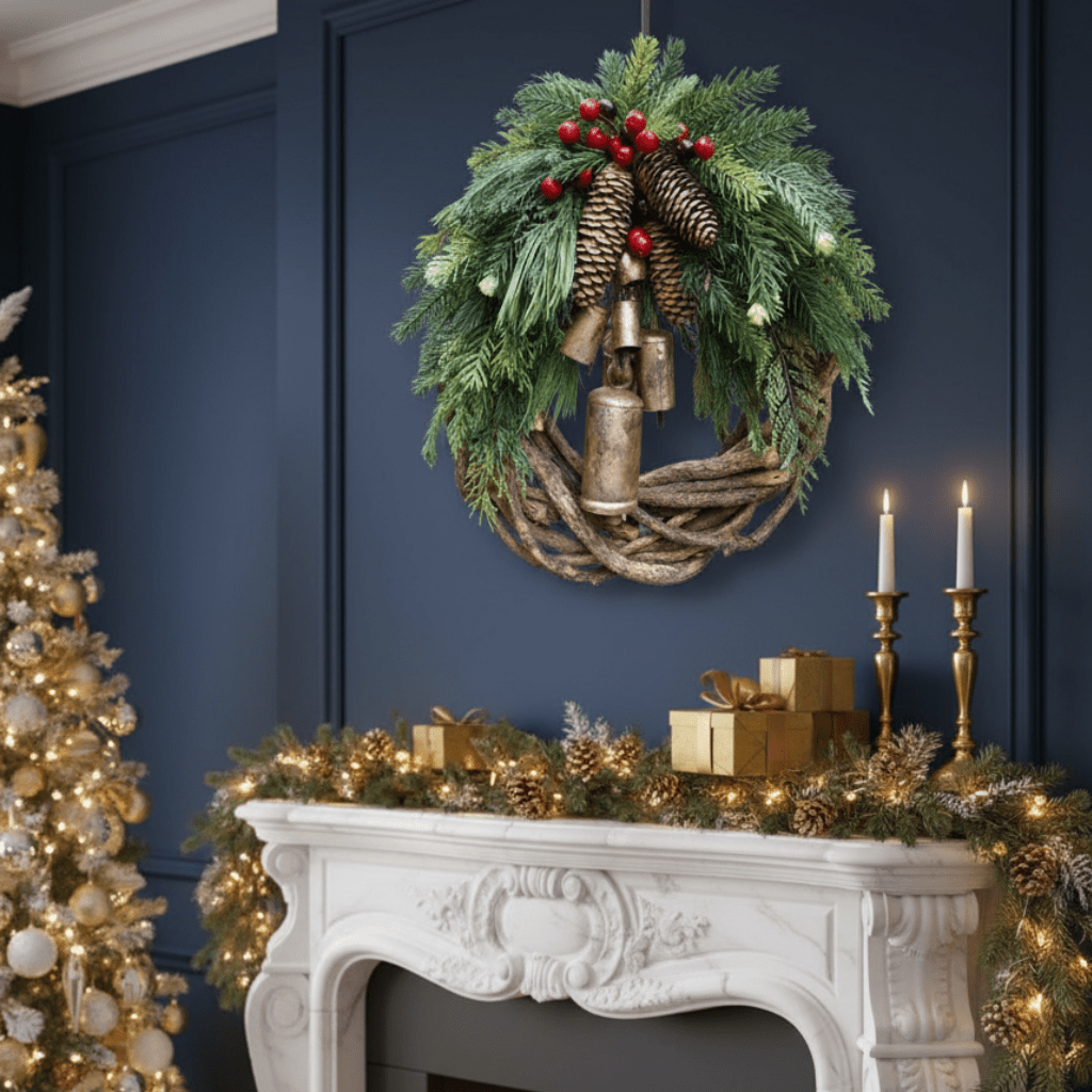 Cozy Christmas wreath with natural bells and wooden accents