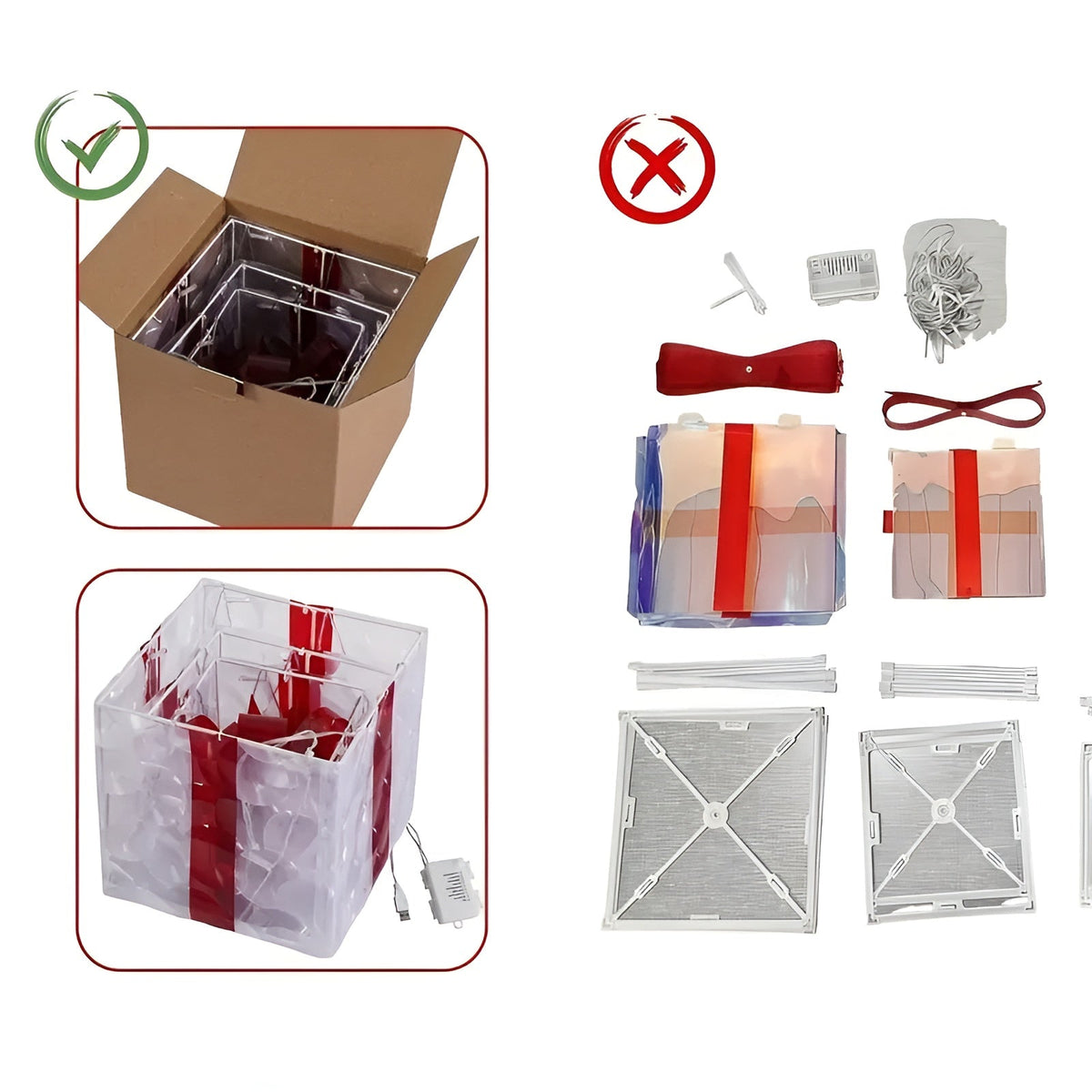 Bright gift boxes in a set of 3 – Transparent Christmas decoration with red ribbons | For indoors & outdoors