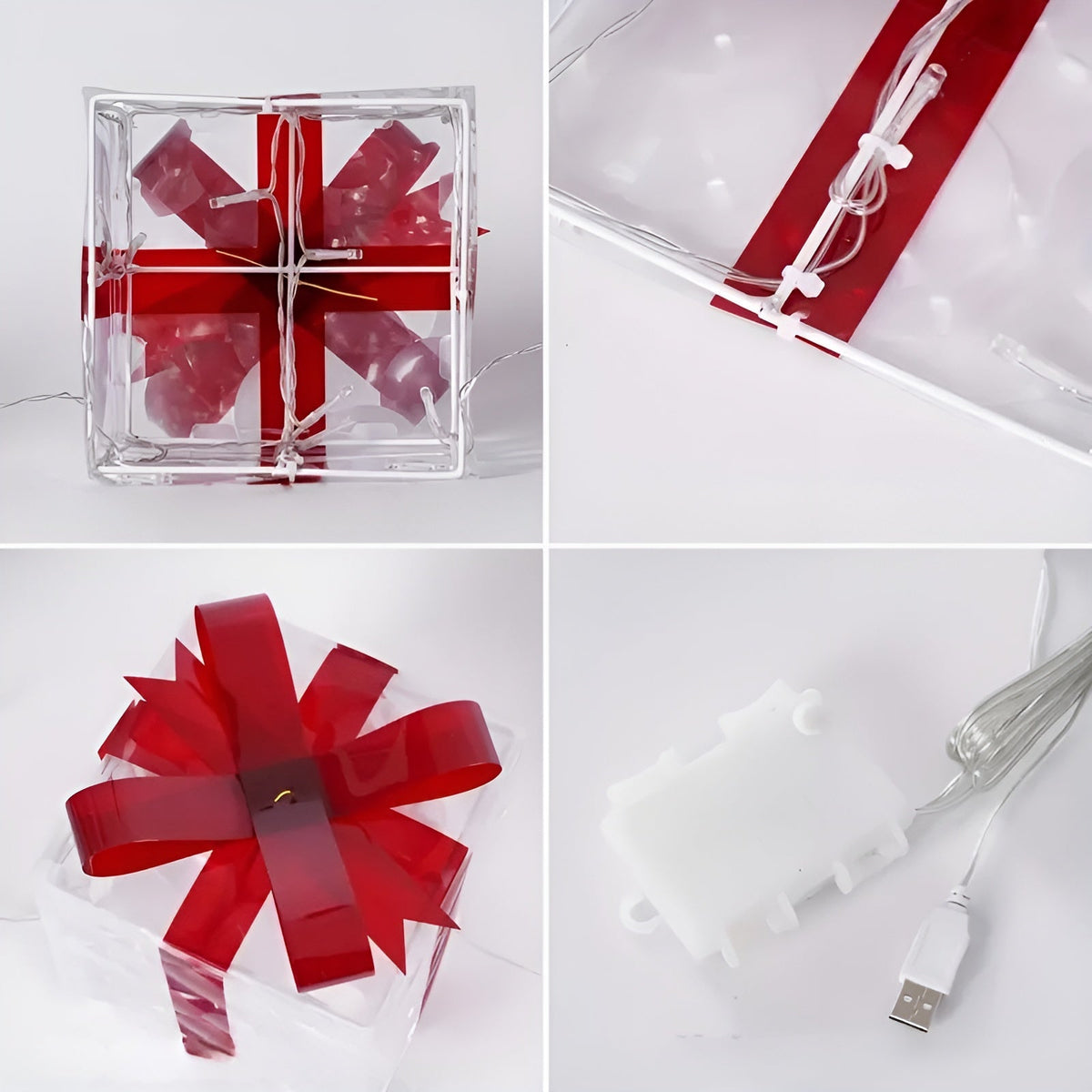 Bright gift boxes in a set of 3 – Transparent Christmas decoration with red ribbons | For indoors & outdoors