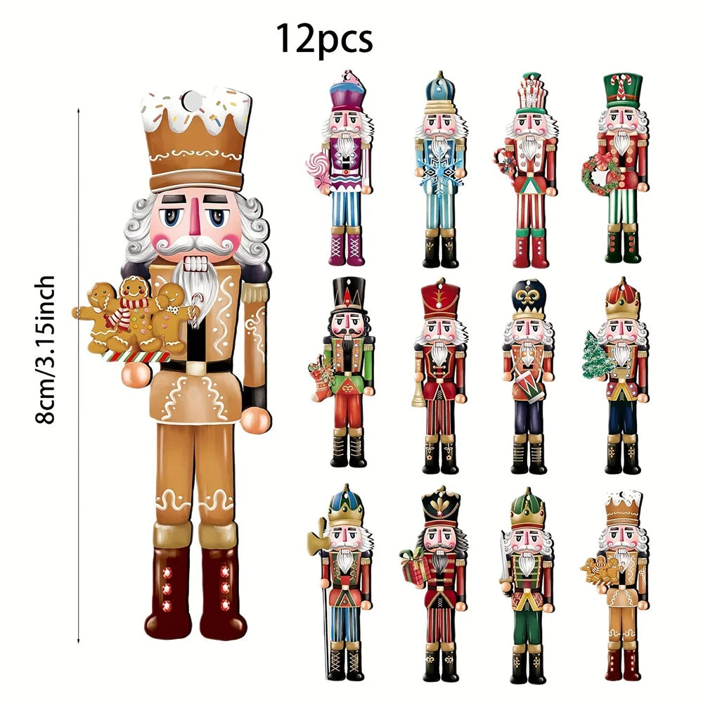 Kerst Notenkraker Ornamenten – Set van 12 Houten Decoraties voor een Feestelijke Boom