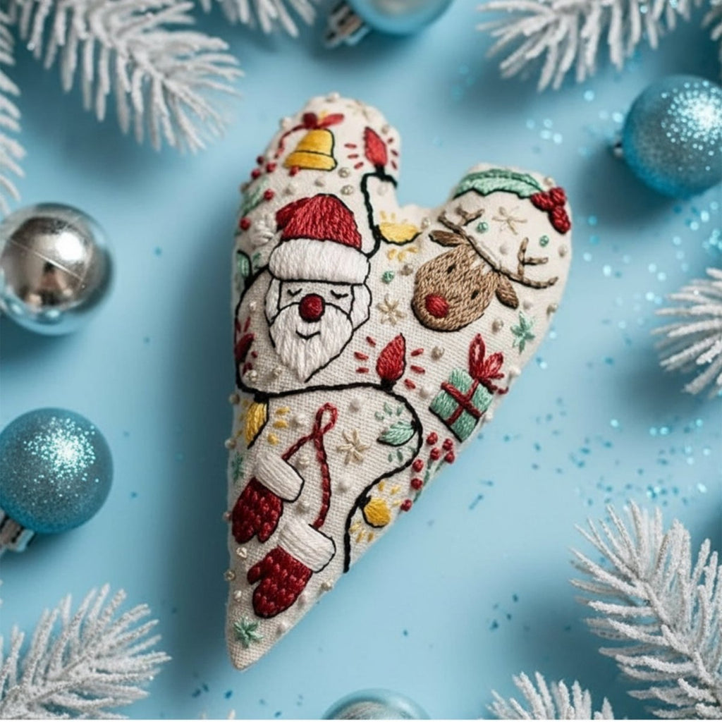 DIY embroidery set for heart-shaped Christmas decorations with fabric, thread, and needles