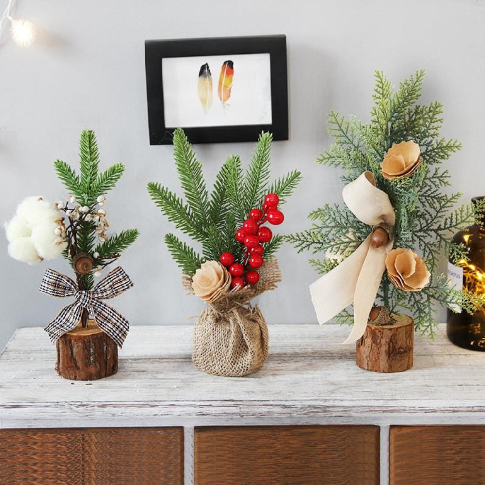 Mini Tabletop Christmas Tree with Rustic Base for Warm Holiday Decoration
