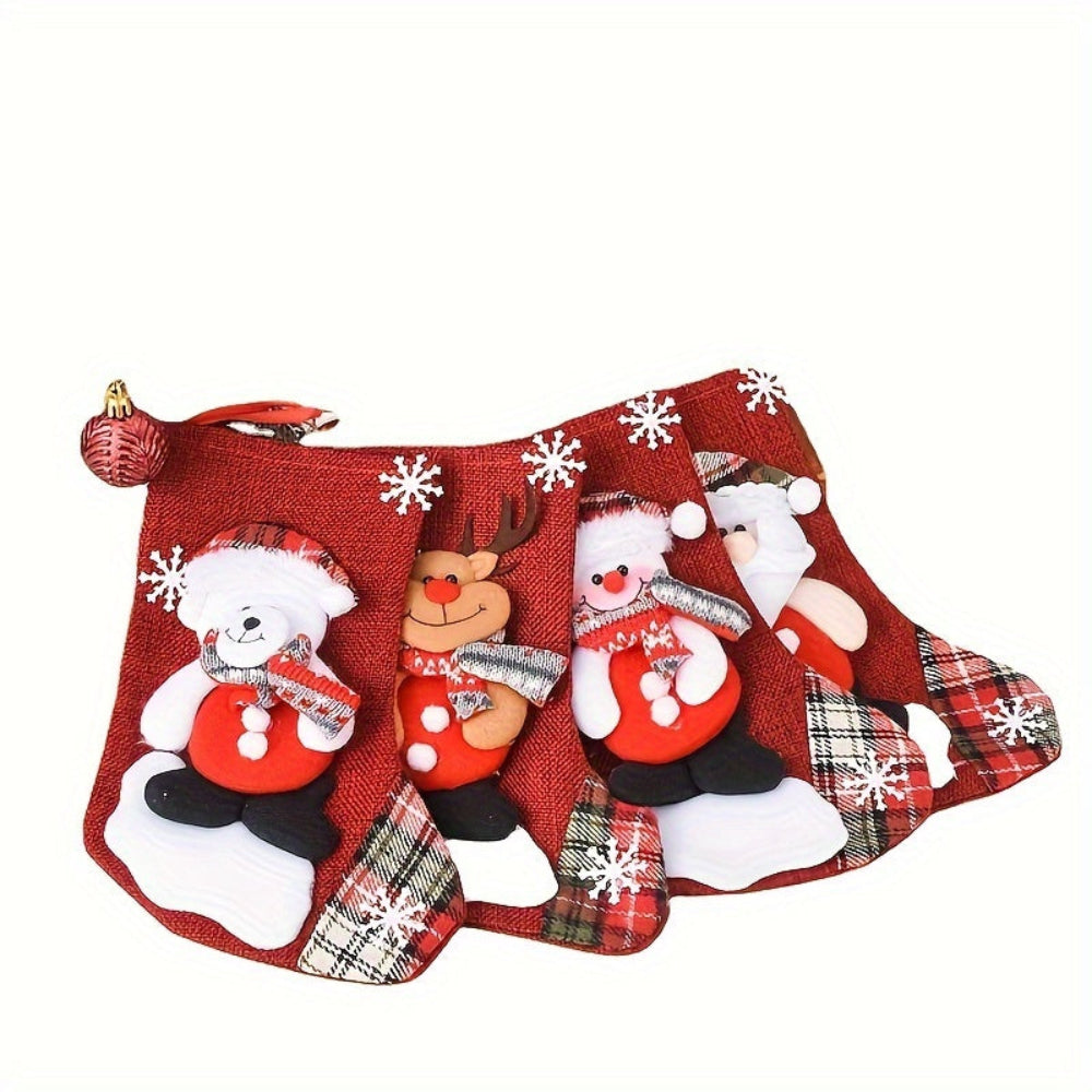 Set Red Christmas Socks with Santa, Snowman, and Reindeer for Festive Decoration