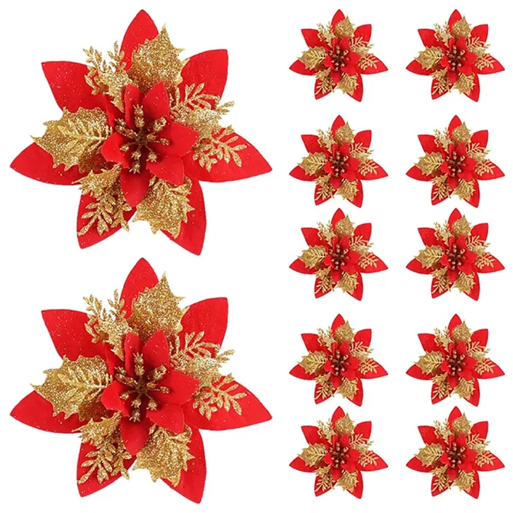 Floréva Decoratieve Kerstbloemen – Set van 5 of 10 Kunstbloemen (14,5 cm) in Roze, Rood & Goud voor Feestelijke Decoratie