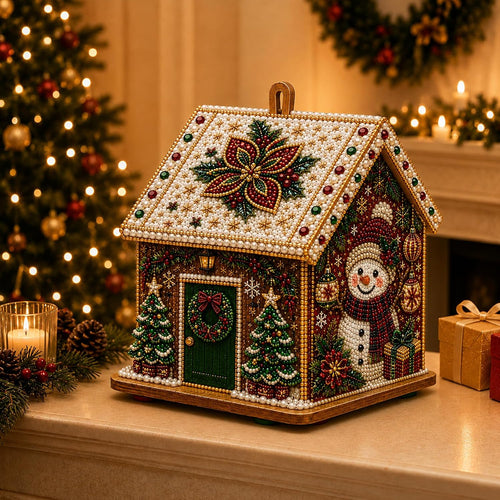 3D Christmas House Diamond Painting Kit for Adults, Wooden Pearl Art Craft